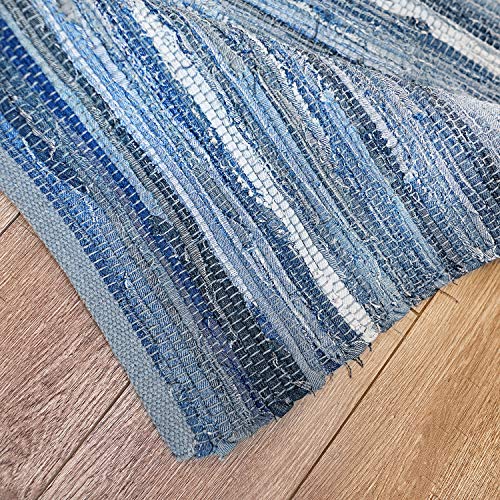 Motini Denim Cotton Area Rug 2 X 3 Machine Washable Reversible Handmade From Recycled Fabric Blue Shabby Rag Throw Farmhouse Goals