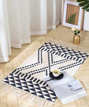 Tassels Bathroom Rug Morocco Kitchen Rug With Geometric Triangles 2x3 Small Cute Throw Rug For Living Room Bedroom Laundry Navy 0 1 300x360