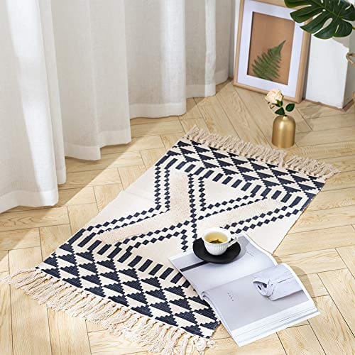 Tassels Bathroom Rug Morocco Kitchen Rug With Geometric Triangles 2x3 Small Cute Throw Rug For Living Room Bedroom Laundry Navy 0 1