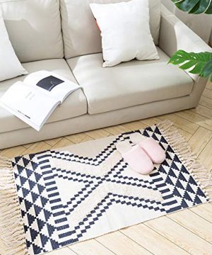 Tassels Bathroom Rug Morocco Kitchen Rug With Geometric Triangles 2x3 Small Cute Throw Rug For Living Room Bedroom Laundry Navy 0 2 300x360