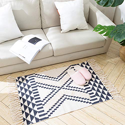 Tassels Bathroom Rug Morocco Kitchen Rug With Geometric Triangles 2x3 Small Cute Throw Rug For Living Room Bedroom Laundry Navy 0 2