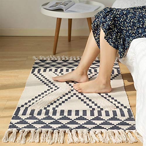 Tassels Bathroom Rug Morocco Kitchen Rug With Geometric Triangles 2x3 Small Cute Throw Rug For Living Room Bedroom Laundry Navy 0 3