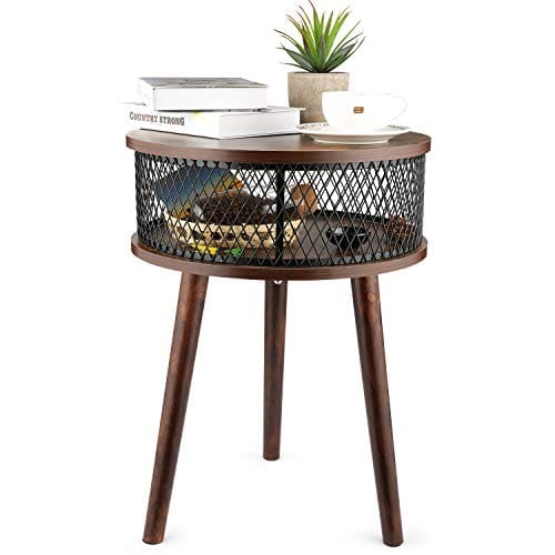 Bathwa Industrial Round End Table Side Table With Metal Storage Basket Vintage Accent Table Wooden Look Furniture Farmhouse Goals