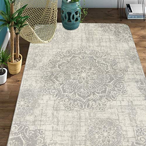 4’ X 6’ Faux Wool Non-Slip Medallion Vintage Area Rug Accent Distressed Throw Rugs Floor Carpet for Living Room Bedrooms Decor 4' x 6', Blue Lahome Collection Traditional Vintage Floral Area Rug 