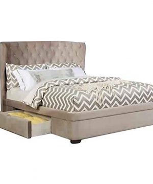 Benjara Fabric Upholstered Full Size Bed With Wing Back And Pull Out Drawer Beige 0 300x360