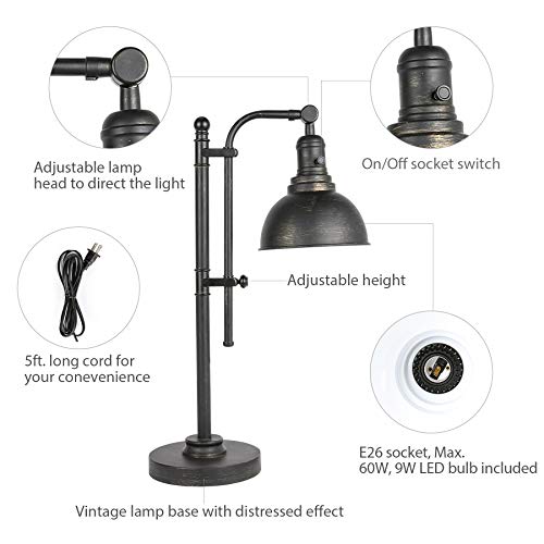 VONLUCE Rustic Desk Lamp Black Adjustable, Industrial Style Metal 