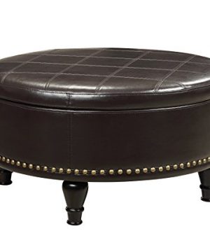 INSPIRED By Bassett Augusta Eco Leather Round Storage Ottoman With Brass Color Nail Head Trim And Deep Espresso Legs Espresso 0 300x360