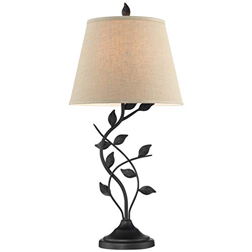 Kira Home Ambrose 31 Traditional Rustic Table Lamp Beige Fabric Shade Leaf Detailed Body 7W LED Bulb Energy Efficient Eco Friendly Matte Black Finish 0