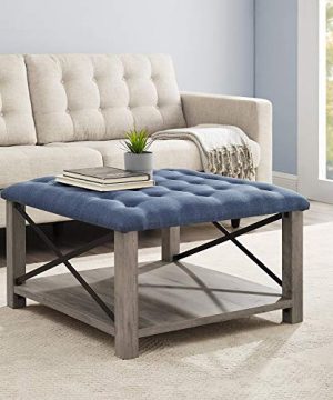 Walker Edison Furniture Company Tufted Upholstered Fabric Ottoman Stool Living Room Foot Rest Coffee Table Storage Shelf 30 Inch Blue 0 300x360