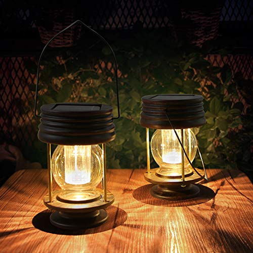 MIAGI Hanging Solar Lights Retro Metal LED Decorative Light with Handle Solar Christmas Lanterns Outdoor Waterproof Bronze Solar Lanterns Outdoor for Garden Patio Lawn and Tabletop 2 Pack