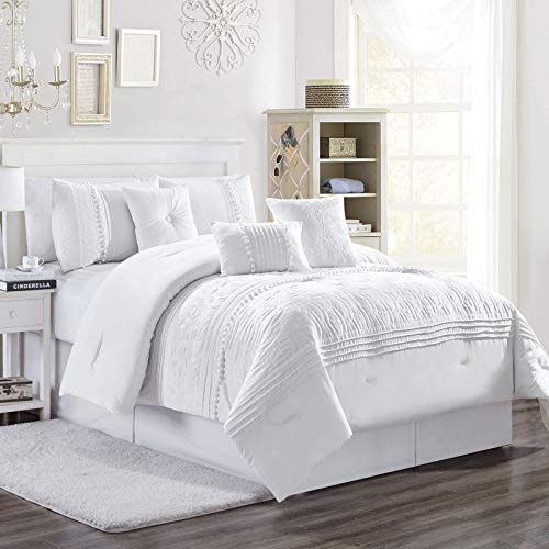 Chezmoi Collection Grace 7 Piece White Floral Chenille Embroidered Pleated Striped Comforter Set Queen 0 0