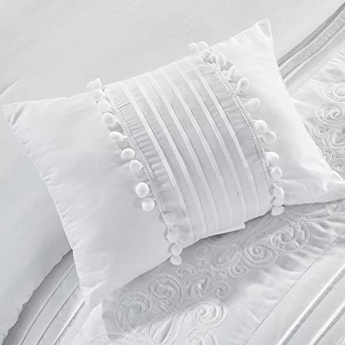 Chezmoi Collection Grace 7 Piece White Floral Chenille Embroidered Pleated Striped Comforter Set Queen 0 4