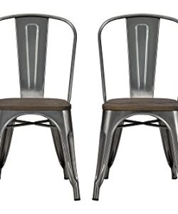 DHP Fusion Metal Dining Chair With Wood Seat Distressed Metal Finish For Industrial Appeal Set Of Two Antique Gun Metal 0 250x300