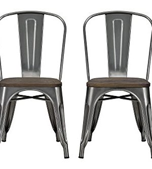DHP Fusion Metal Dining Chair With Wood Seat Distressed Metal Finish For Industrial Appeal Set Of Two Antique Gun Metal 0 300x333