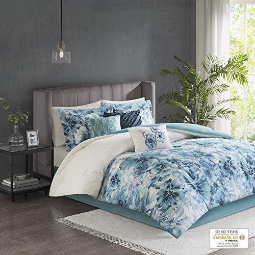 Madison Park Cassandra 8 Pc 100 Cotton Percale Large Floral Print With Reverse Solid Embroidered And Tufted Toss Pillows Shabby Chic All Season Comforter Bedding Set Cal King104x92 Teal 0 0
