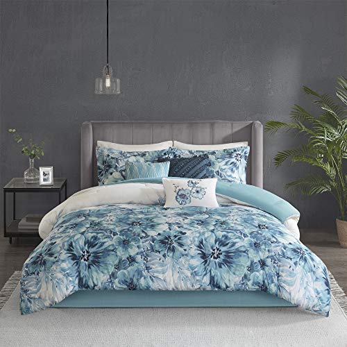 Madison Park Cassandra 8 Pc 100 Cotton Percale Large Floral Print With Reverse Solid Embroidered And Tufted Toss Pillows Shabby Chic All Season Comforter Bedding Set Cal King104x92 Teal 0