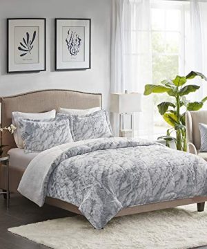 Madison Park Lana Soft Plush Comforter Long Fur Marble Pattern Faux Mink On The Reverse Modern All Season Down Alternative Bedding Set With Matching Sham Queen GreyBlue 3 Piece 0 300x360