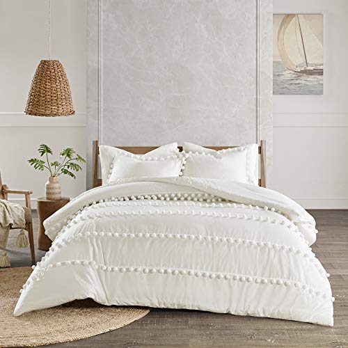 Madison Park Leona 3 Piece 100 Cotton Bohemian Design Rows Of Pompom Accent Casual Modern Shabby Chic All Season Comforter Bedding Set With Matching Shams FullQueen90x90 Pom Pom Ivory 0 0
