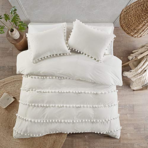 Madison Park Leona 3 Piece 100 Cotton Bohemian Design Rows Of Pompom Accent Casual Modern Shabby Chic All Season Comforter Bedding Set With Matching Shams FullQueen90x90 Pom Pom Ivory 0 1