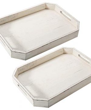 MyGift Rustic White Wood Serving Tray With Cutout Handles And Angled Edges Set Of 2 0 300x360