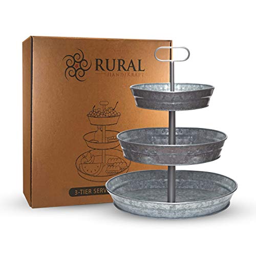 Rural HandiKraft 3 Tier Large Serving Tray Handcrafted Farmhouse Kitchen Vintage Rustic Stand Seafood Dessert Cupcake Cookie Fruit Party Platter Indoor Outdoor Use 0