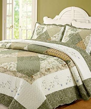 Cozy Line Home Fashions Floral Real Patchwork Green Beige Khaki Yellow Scalloped Edge Country 100 Cotton Quilt Bedding Set Reversible Coverlet Bedspread For Women Laura Twin 2 Piece 0 300x360