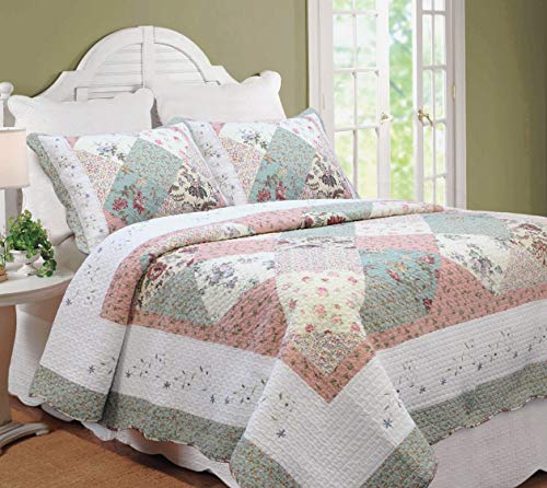 Cozy Line Home Fashions Floral Real Patchwork Green Peach Scalloped ...