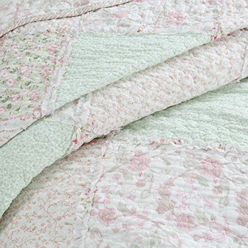 Pink Roses, Full/Queen - 3 Piece Cozy Line Home Fashions La Rosa Rêve Quilt Bedding Set Floral Pink Green Rose Flower 3D Real Patchwork,100% Cotton Reversible Coverlet Bedspread Set 