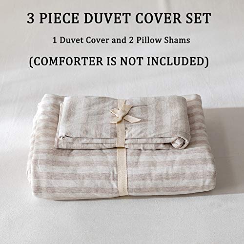 DONEUS Jersey Knit Cotton Striped Duvet Cover Set Ultra Soft 3 Piece Bedding Set Full Duvet Cover With Pillow Shams Light Brown Queen Size 0 5