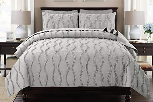 Felix Angela Home Quilt Set Light Grey Twin Size 68x88 Inches Ogee Ruffle Pattern Bedspread Soft Microfiber Farmhouse Goals