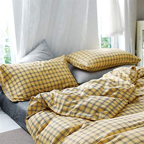 Farmhouse Yellow Grid Plaid Twin Size, Super King Size Bedding And Curtain Sets