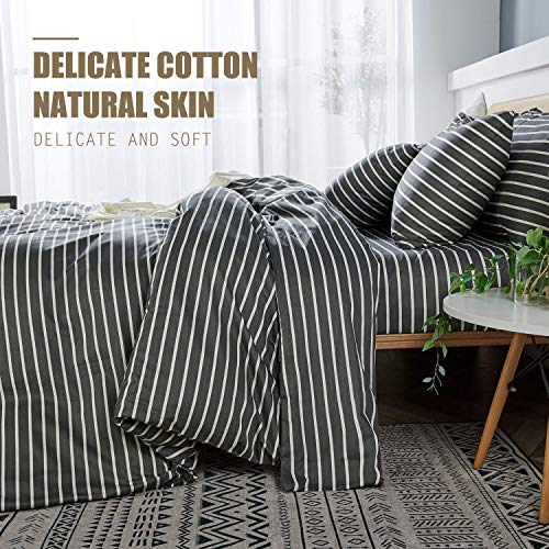 JELLYMONI 100% Natural Cotton 3pcs Striped Duvet Cover Sets,White Duvet Cover with Grey Stripes Pattern Printed Comforter Cover,with Zipper Closure & Corner Ties Full Size