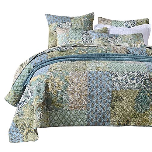 NEWLAKE Bedspread Quilt Set With Real Stitched Embroidery Bohemian Floral Pattern King Size