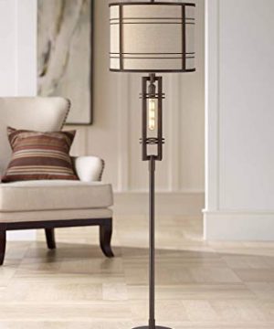 Elias Industrial Farmhouse Floor Lamp With Nightlight LED Oil Rubbed Bronze Off White Oatmeal Fabric Drum Shade For Living Room Reading Bedroom Office Franklin Iron Works 0 300x360