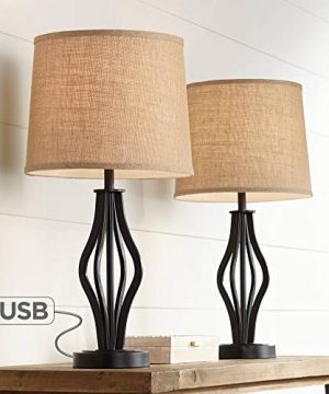 Heather Modern Contemporary Table Lamps Set Of 2 With Hotel Style USB Charging Port Iron Bronze Drum Shade For Living Room Bedroom House Bedside Nightstand Home Office Family 360 Lighting 0 300x360