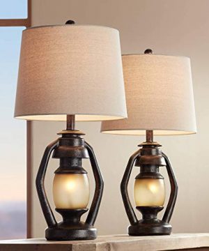 Horace Rustic Farmhouse Table Lamps Set Of 2 With Nightlight Miner Lantern Brown Oatmeal Tapered Drum Shade For Living Room Bedroom Bedside Nightstand Office Family Franklin Iron Works 0 300x360