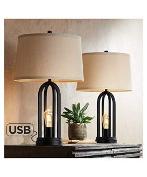 Marcel Modern Industrial Black Table Lamps Set Of 2 With Nightlight LED USB Port Linen Shade For Living Room Bedroom 360 Lighting 0 300x360