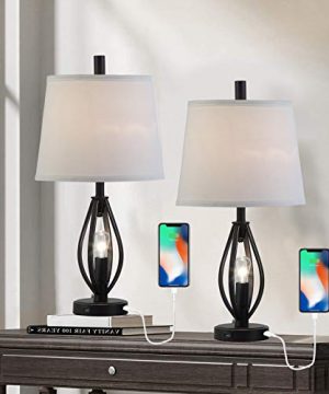 Modern Farmhouse Table Lamp Sets Of 2 With 2 USB Ports Pulg In Industrial Nightlight Open Column Bedside Nightstand Light Lamps For Bedroom Living Room White Fabric Shade 2 Pack 0 300x360