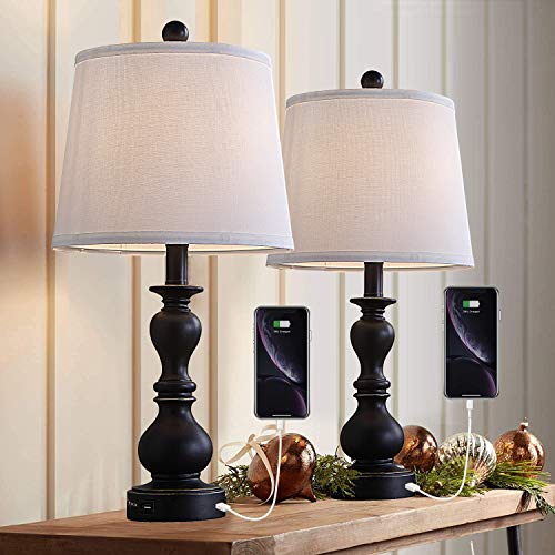 Resin Table Lamp Sets Of 2 For Bedroom Living Room Plug In Bedside Nightstand Light Lamps With 2 USB Ports White Fabric Shade 2 PackBlack 0 