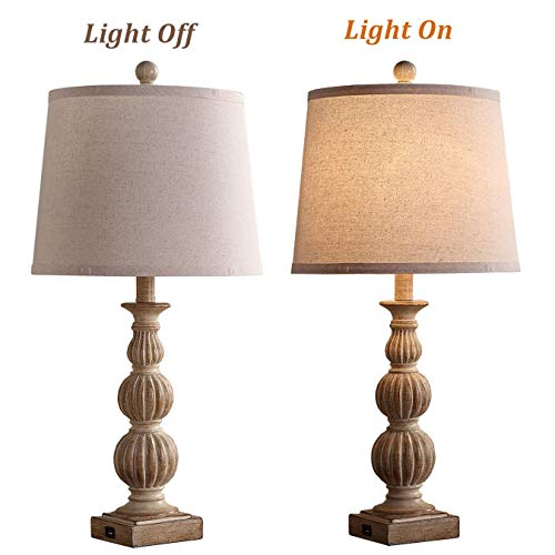 Farmhouse Table Lamp Set of 2, Tradition Bedside Lamp with 2 USB 