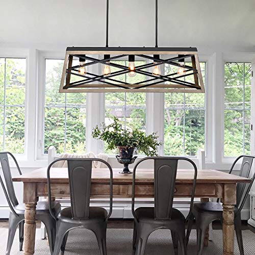 5 Light Kitchen Island Pendant Lighting LED Bulbs Included Farmhouse Dining Room Light Fixtures 35 Inch Linear Chandelier With Black Wood Painting ETL Listed 0 3