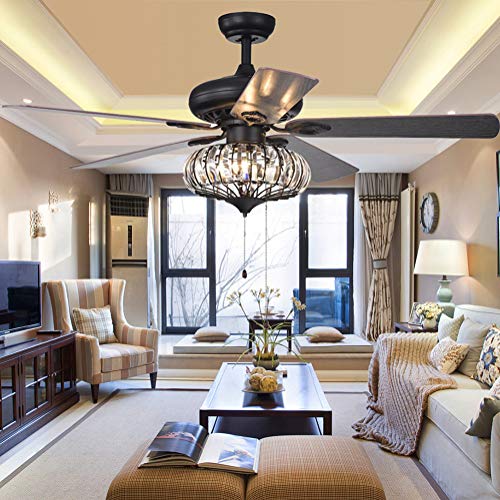 Bigbanban 52 Inch Crystal Ceiling Fans With Light Farmhouse Chandelier Pull Chain Iron Cage Indoor Fan 5 Reversible Wood Blade Living Room Decorations Bronze Black Goals - Iron Chandelier Ceiling Fan