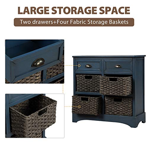 Harper Bright Designs Rustic Storage Cabinet With Two Drawers And Four Classic Fabric Basket For KitchenDining RoomEntrywayLiving Room Accent Furniture Antique Navy 0 1