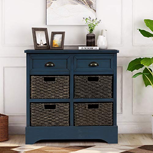 Harper Bright Designs Rustic Storage Cabinet With Two Drawers And Four Classic Fabric Basket For KitchenDining RoomEntrywayLiving Room Accent Furniture Antique Navy 0