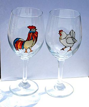 Rooster Hen Hand Painted Stemmed Wine Glasses Set 2 Chicken Home Decor 0 300x360