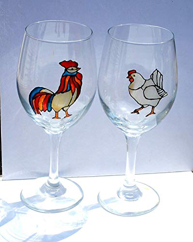 Rooster Hen Hand Painted Stemmed Wine Glasses Set 2 Chicken Home Decor 0