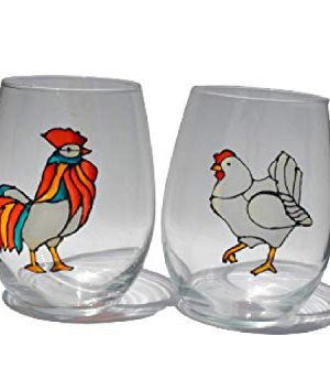 Rooster Hen Stemless Wine Glasses Set 2 Hand Painted Fall Home Decor 0 300x354