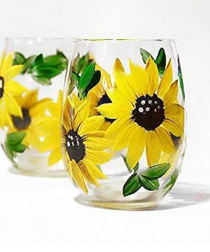 Sunflower Stemless Wine Glasses Gift For Women Sunflower Kitchen Decor Rustic Country Farmhouse Set Of 2 Hand Painted 0 300x360