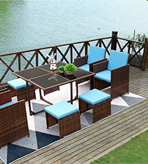 Devoko 9 Pieces Patio Dining Sets Outdoor Space Saving Rattan Chairs With Glass Table Patio Furniture Sets Cushioned Seating And Back Sectional Conversation Set Blue Farmhouse Goals