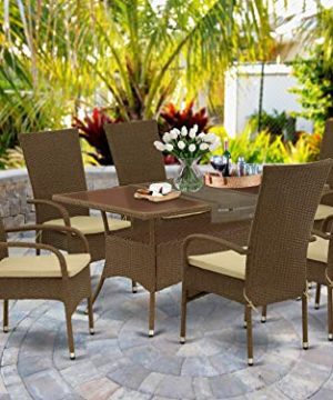 East West Furniture OSOS702A 7Pc Outdoor Brown Wicker Dining Set Includes A Patio Table And 6 Balcony Backyard Armchair With Linen Fabric Cushion 0 300x360